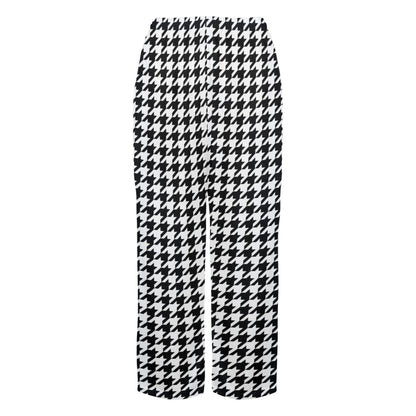 Houndstooth Women Pajamas Pants, Black White Pattern Satin PJ Pockets Trousers Couples Matching Ladies Trousers Bottoms