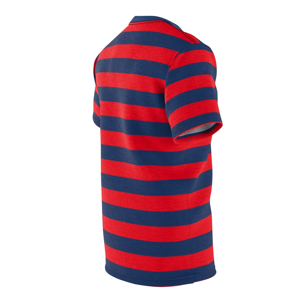 Red and Blue Striped Men T Shirt, Navy Blue Vintage Wide Horizontal Stripes  90s Adult Unisex Designer Crewneck Tee Gifts