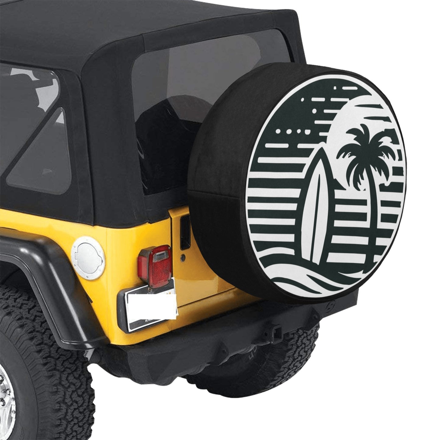 Surfboard Sun Palm Trees Spare Tire Cover, Wheel Tropical Custom Unique Car Accessory Beach Back Up Camera Hole Men Women Girls Camper RV