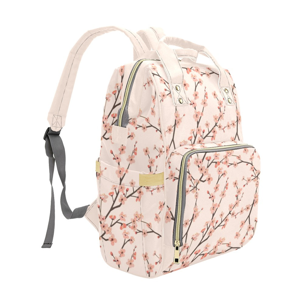 Cherry Blossom Floral Diaper Bag Backpack, Blush Pink Flowers Baby Girl Waterproof Insulated Pockets Mom Designer Men Women Multipurpose