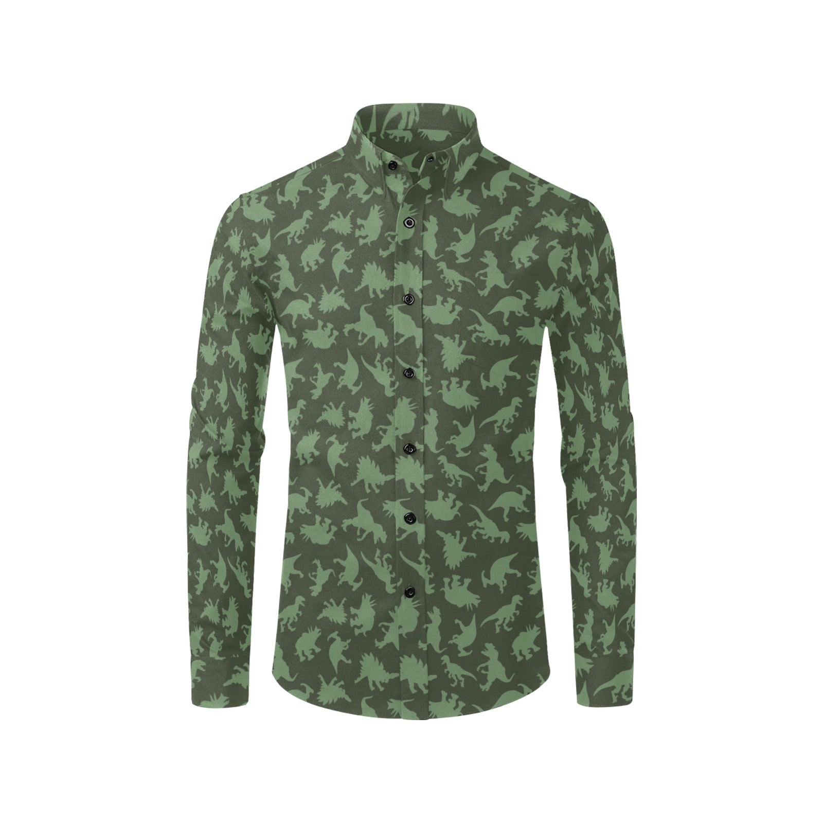 Dinosaurs Long Sleeve Men Button Up Shirt, Dino Green Print Buttoned Collar Casual Shirt with Chest Pocket Starcove Fashion