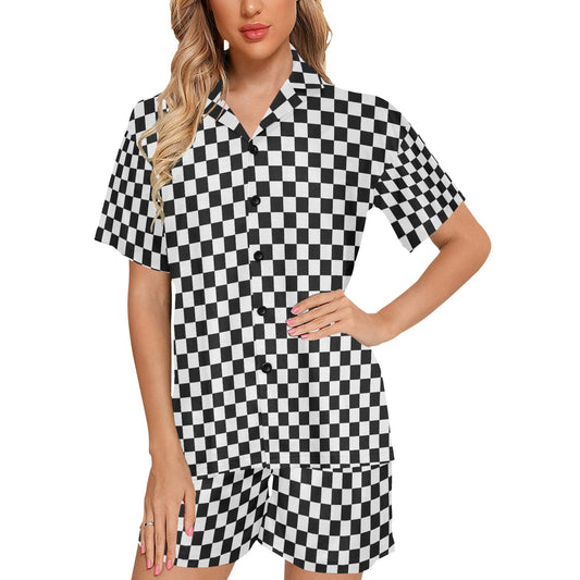 Checkered Pajamas Set, Black White Sleepwear Short Sleeve Sleep Shirt Shorts Night Plus Size Summer Bachelorette Bride Couple Designer PJs