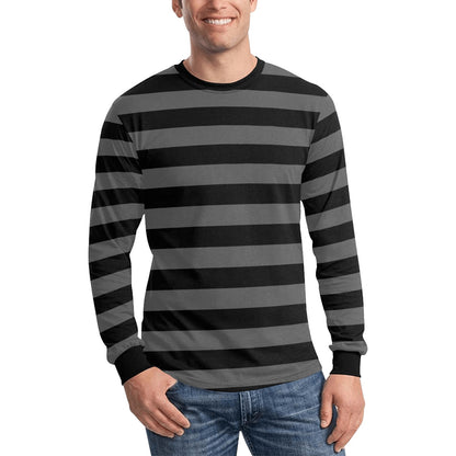 Black and Grey Men Long Sleeve Striped TShirt, Gray Graphic Vintage Retro Broad Stripes Crewneck Unisex Women Designer Male Guys Tee