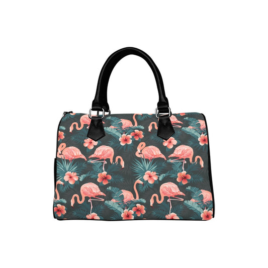 Pink Flamingo Top Handle Handbag, Tropical Green Art Print Purse Canvas and Leather Barrel Type Designer Accessory Bag Gift Starcove Fashion