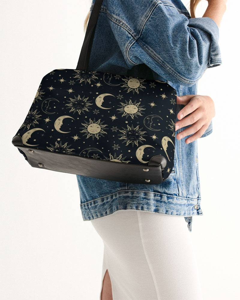 Sun Moon Shoulder Purse Handbag, Black Gold Stars Constellation Print Faux Vegan Leather Designer Gift Satchel Top Handle Bag with Strap Zip Starcove Fashion