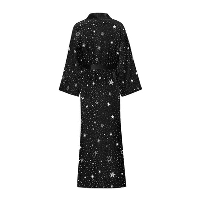 Stars Kimono Robe Long Sleeves Women, Space Black White Print Peignoir Japanese Ladies Long Maxi Sexy Lounge Sleep Pajama Bathrobe