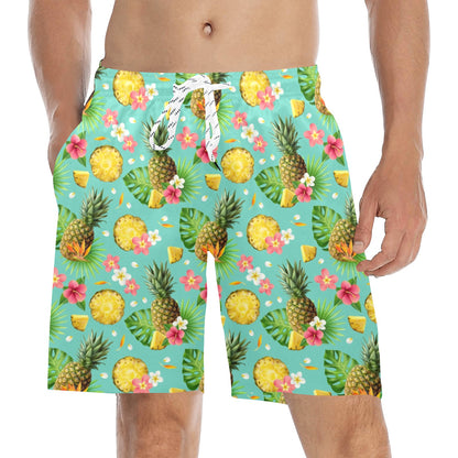 Pineapple Men Swim Trunks, Tropical Plants Green Mid Length Shorts Beach Surf Wear Front Back Pockets Mesh Lining Drawstring Bathing Suit