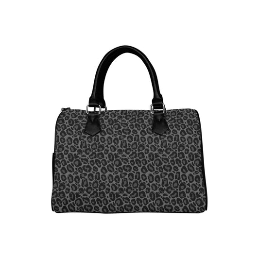 Black Leopard Print Purse Handbag, Animal Cheetah Grey Canvas and Leather Top Handle Boston Barrel Type Designer Accessory Women Bag Starcove Fashion