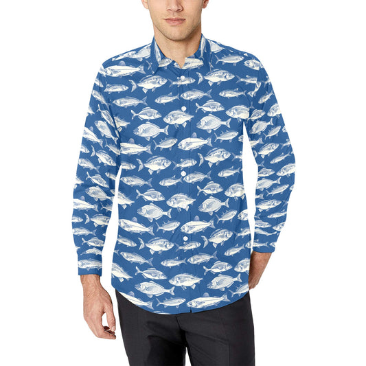 Fish Long Sleeve Men Button Up Shirt, Nautical Ocean Beach Blue Summer Print Dress Buttoned Collar Casual Male Guy Plus Size Shirt