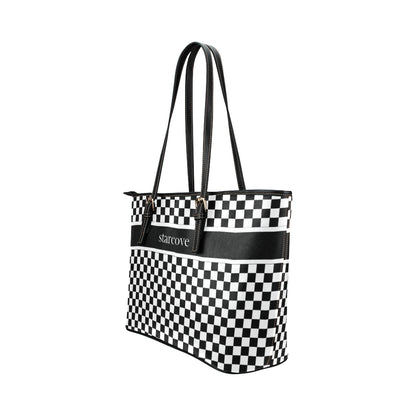 Black and White Tote Bag Purse, Checkered Check Racing Print Handbag Checkerboard Zip Top Vegan High Grade Leather Designer Shoulder Starcove Fashion