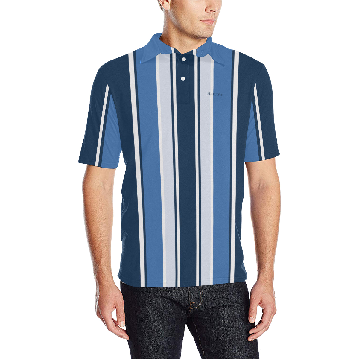 Blue Vertical Striped Men Polo Shirt, 90s Vintage Stripe Short Sleeve Classic Collared Button Down Up Rugby Golf Polo Gift for Him Starcove Fashion