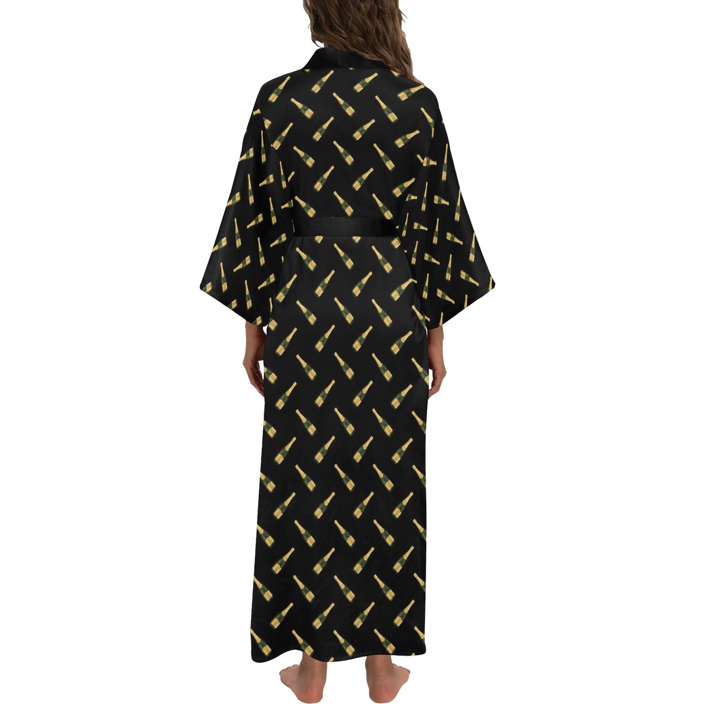 Champagne bottles Kimono Robe Long Sleeves Women, Wine Drinking Black Party Print Peignoir Japanese Ladies Long Maxi Sexy Sleep Pajama Bath