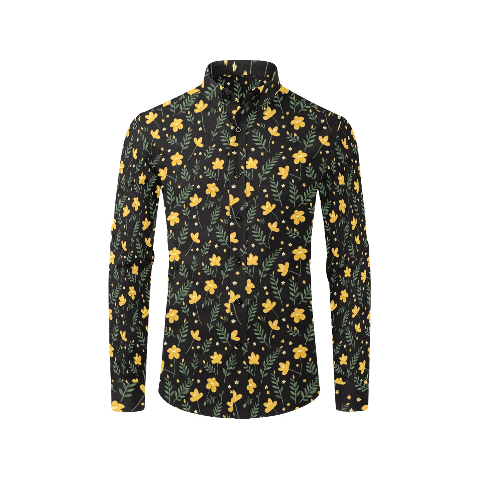 Black Yellow Floral Long Sleeve Men Button Up Shirt Leaves Flowers Pr Starcove Fashion