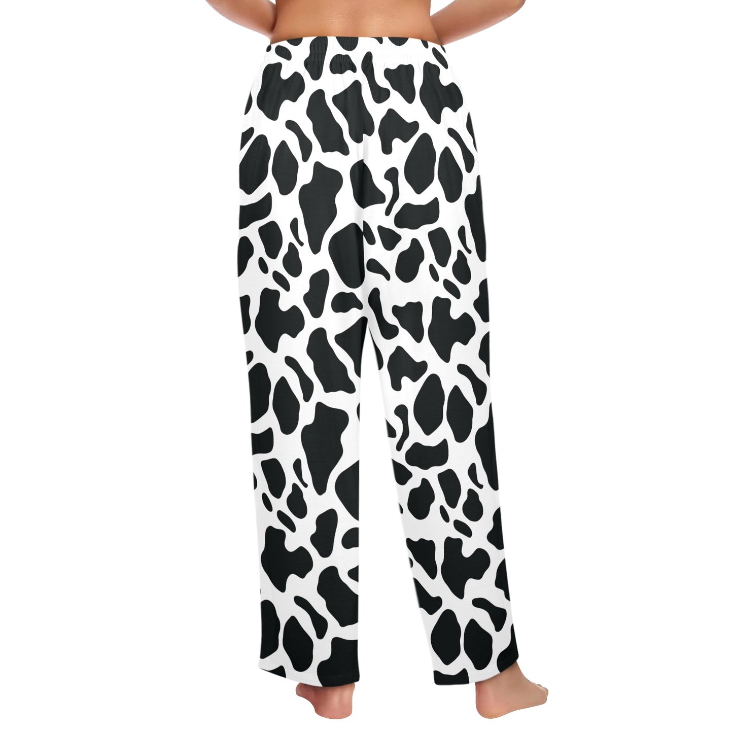 Cow Print Women Pajamas Pants, Black and White Animal Pattern Satin PJ Funny Pockets Trousers Couples Matching Ladies Trousers Bottoms