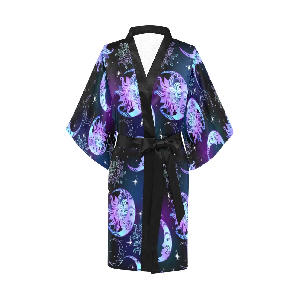 Sun Moon Kimono Robe, Stars Print Purple Oriental Constellation Celestial Boho Bohemian Bathrobe Women's Short Lounge Sleepwear Pajama