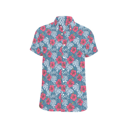 Hibiscus Flowers Short Sleeve Men Button Up Shirt, Blue Red Floral Hawaiian Print Casual Buttoned Down Summer Dress Shirt Guys