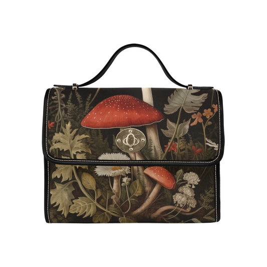 Red Mushroom Canvas Satchel bag, Wildflowers Forest Vintage Cottagecore Waterproof Cute Women Crossbody Purse Vegan Leather Strap Handbag