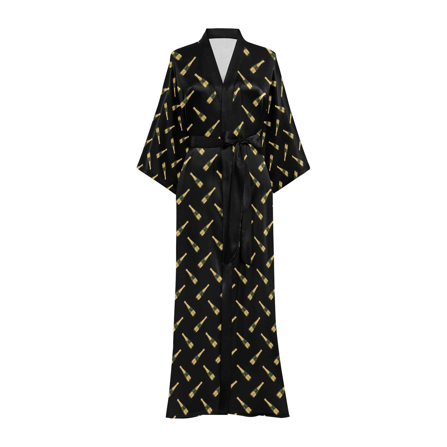 Champagne bottles Kimono Robe Long Sleeves Women, Wine Drinking Black Party Print Peignoir Japanese Ladies Long Maxi Sexy Sleep Pajama Bath