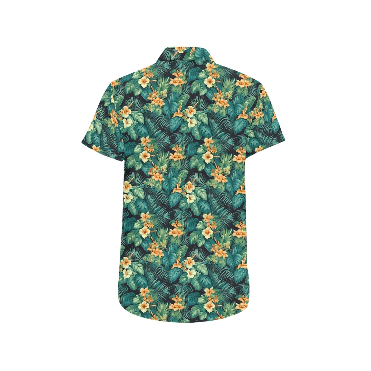 Tropical Leaves Short Sleeve Men Button Up Shirt, Green Yellow Flowers Print Casual Buttoned Down Summer Casual Dress Plus Size Collared