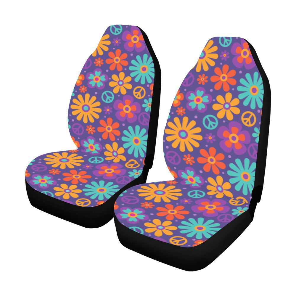 Groovy Flower Car Seat Covers for Vehicle 2 pc, Peace Sign Daisy Floral 70s Hippie Cute Front Car SUV Vans Gift Her Women Truck Accessory