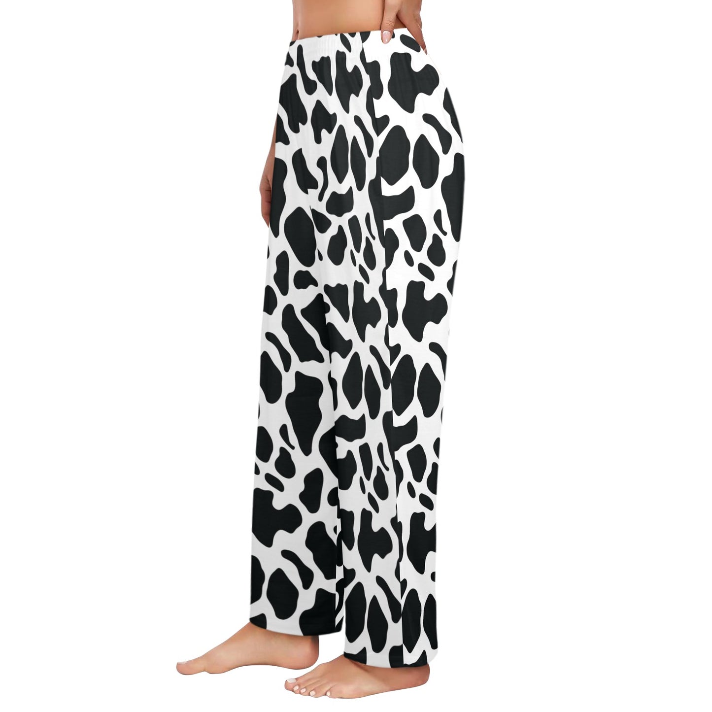 Cow Print Women Pajamas Pants, Black and White Animal Pattern Satin PJ Funny Pockets Trousers Couples Matching Ladies Trousers Bottoms