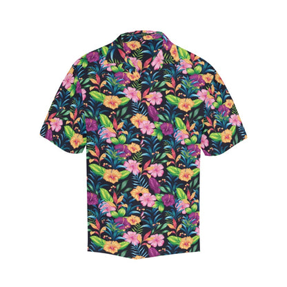 Black Pink Flowers Men Hawaiian shirt, Tropical Vintage Aloha Hawaii Retro Summer Tropical Beach Plus Size Cool Leaves Button Down Shirt