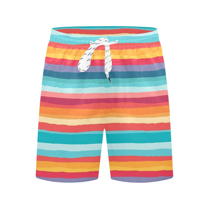 Colorful Striped Men Swim Trunks, Guys Red Mid Length Shorts Beach Pockets Mesh Lining Drawstring Casual Bathing Suit Plus Size Swimwear