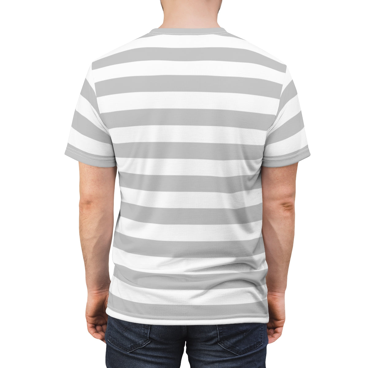 Grey White Striped Men T Shirt, Vintage Horizontal Bold Gray 