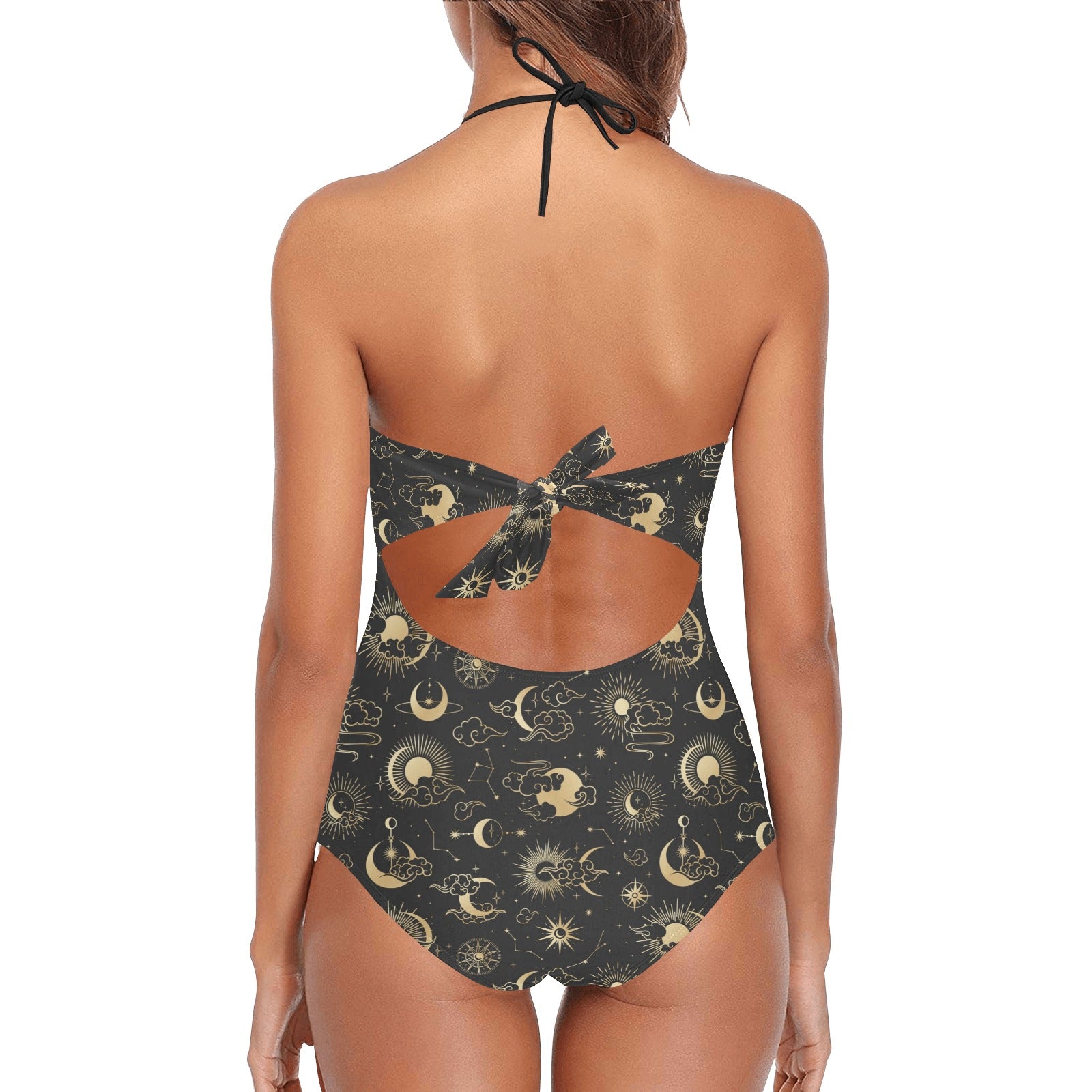 Sun Moon Lace Swimsuit Women Space Constellation Black One Piece