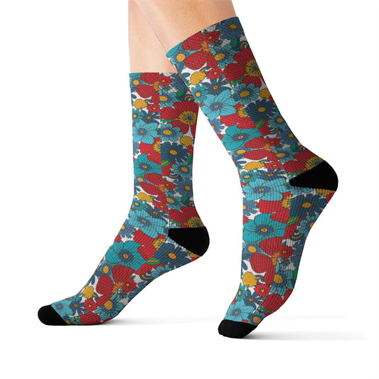 Groovy Flowers Socks, Retro Floral Blue Red 70s Crew 3D Sublimation Women Men Designer Fun Novelty Cool Casual Cute Gift Starcove Fashion