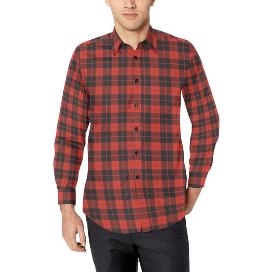 Red Buffalo Plaid Long Sleeve Men Button Up Shirt, Black Check Tartan Stars Print Dress Buttoned Collar Dress Shirt with Chest Pocket Guys