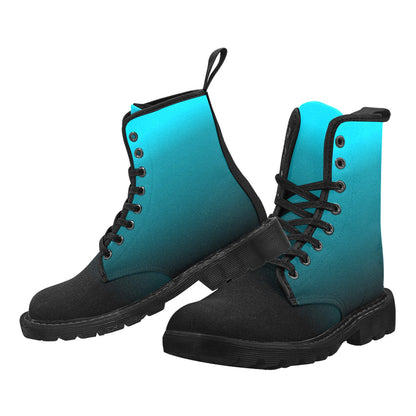 Black Blue Ombre Women's Combat Boots, Gradient Dip Tie Dye Vegan Canvas Lace Up Shoes Print Army Ankle Winter Punk Casual Custom Gift Starcove Fashion