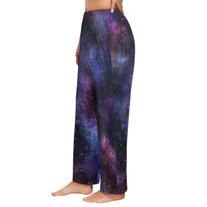 Space Galaxy Women Pajamas Pants, Universe Purple Cosmos Satin PJ Funny Pockets Trousers Couples Matching Ladies Trousers Bottoms