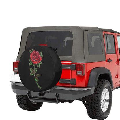 Rose Flowers Spare Tire Cover, Red Floral Tattoo Black Wheel Auto Back Up Camera Hole Unique Design Women Back RV Trailer Feminine