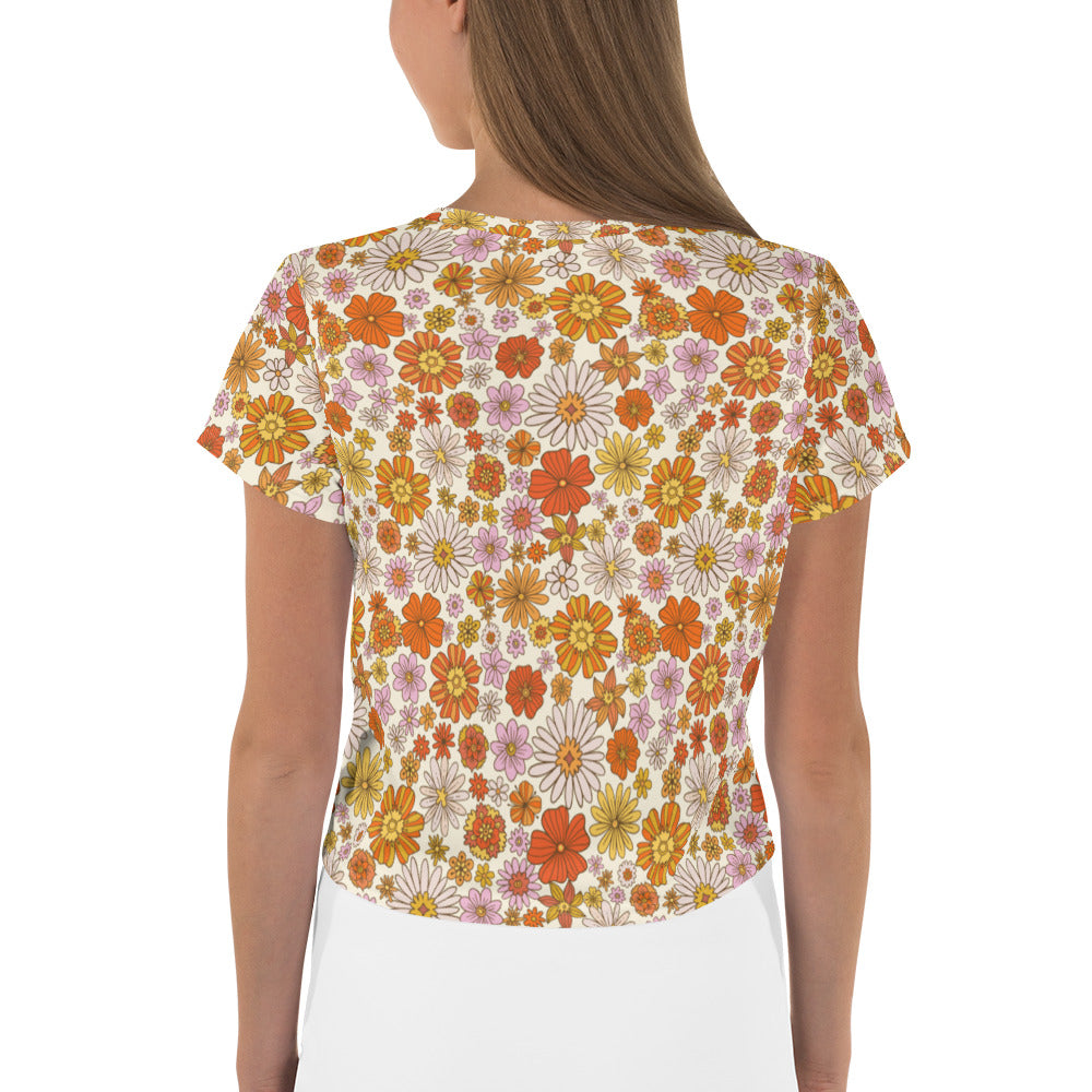 Groovy Flowers Crop Top Tshirt, Vintage Retro Floral Tee Women