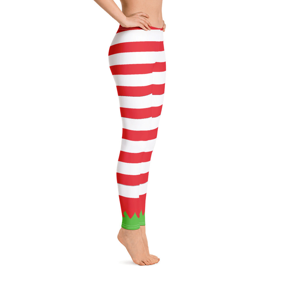 Christmas Elf Leggings, Striped Red White Winter Holiday Xmas Vacation  Women Printed Yoga Pants Costume Outfit Cosplay