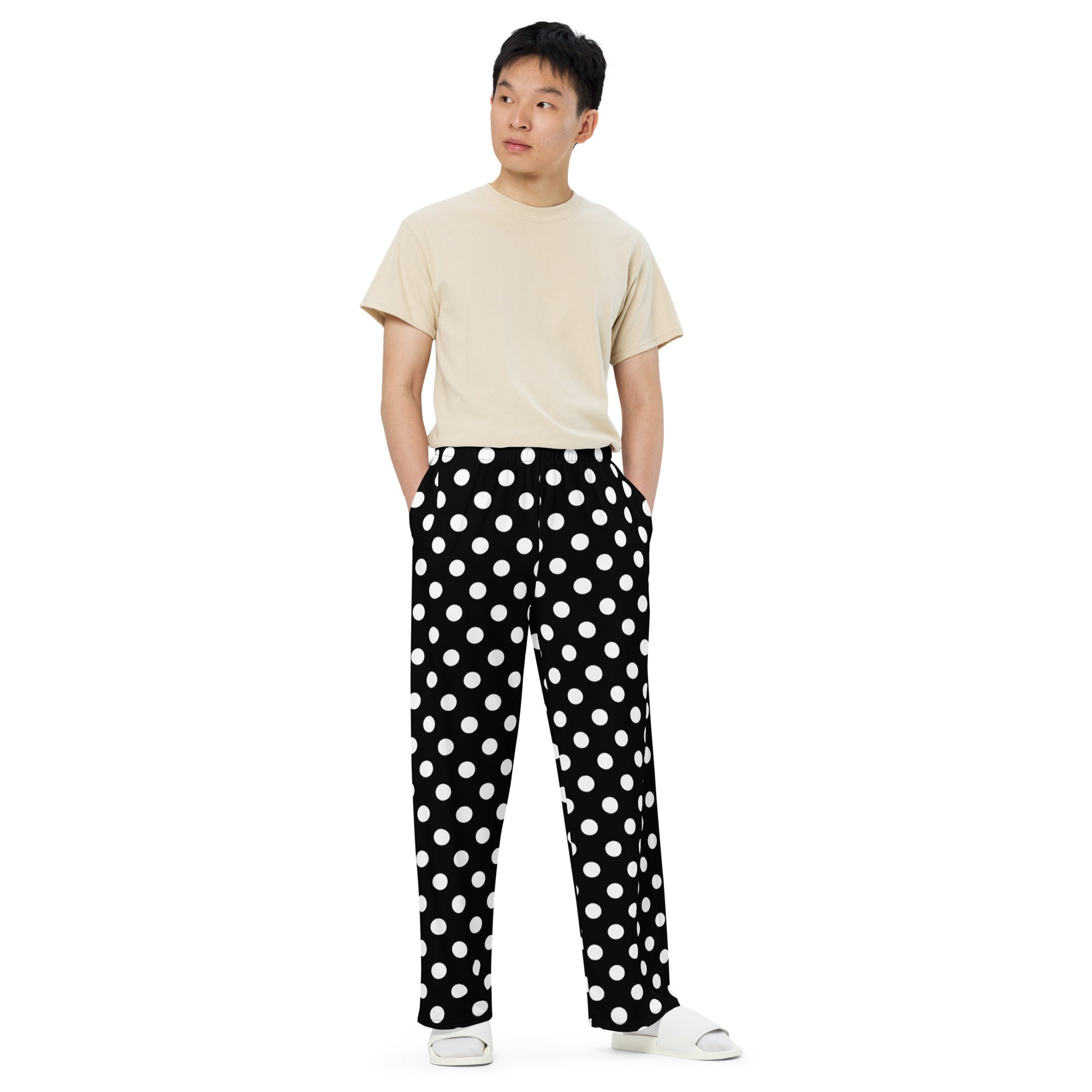 Polka Dots Lounge Pants with Pockets, Black White Unisex Men Women Wide Leg  Sweatpants PJ Pajamas Comfy Plus Size Drawstring Yoga