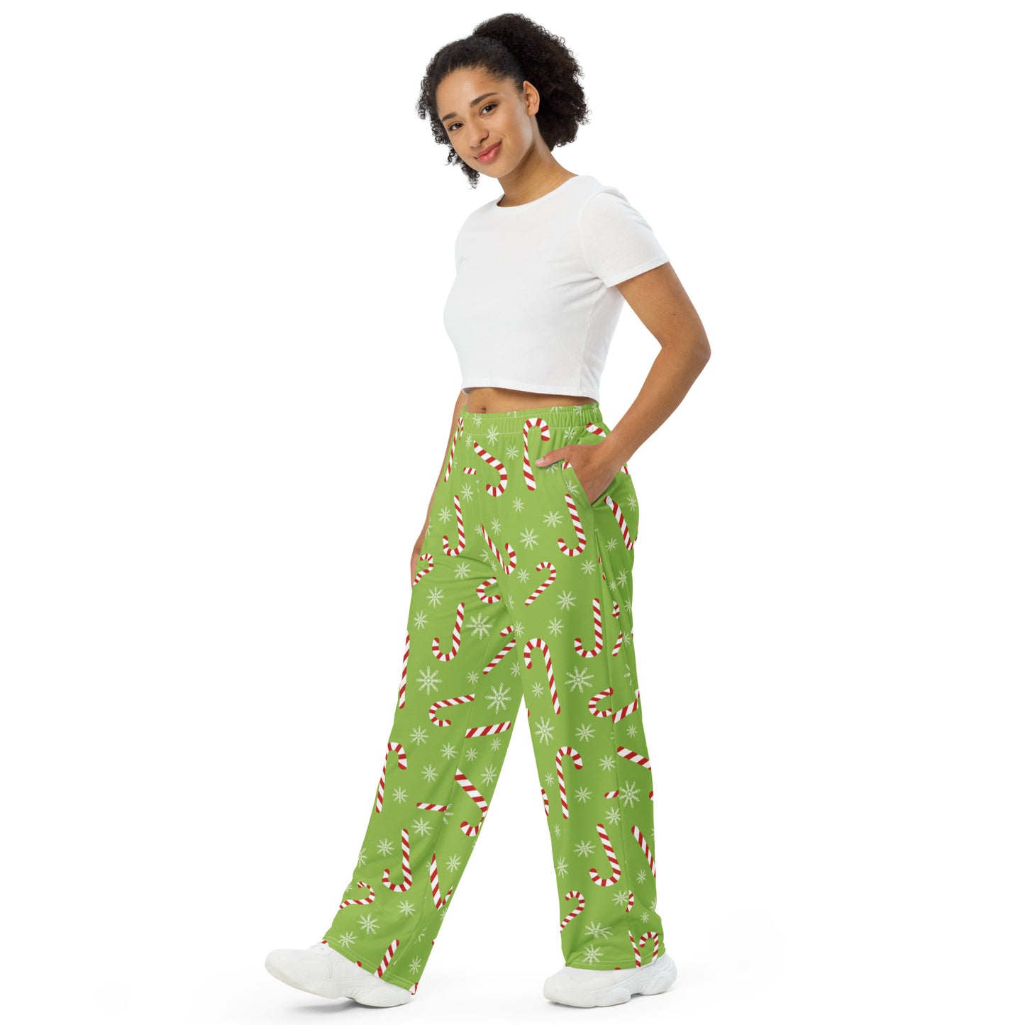 Candy Cane Lounge Pants with Pockets, Holiday Christmas Unisex Men Women Wide Leg Sweatpants PJ Pajamas Plus Size Drawstring Yoga Starcove Fashion