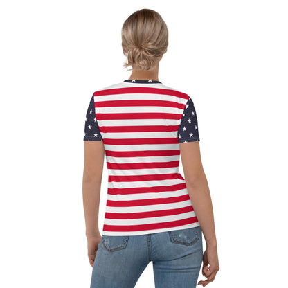 American Flag TShirt Women, Red White Blue Stars Stripes USA 4th of July Fourth Patriotic Shirt Designer Graphic Fitted Crewneck Tee Starcove Fashion