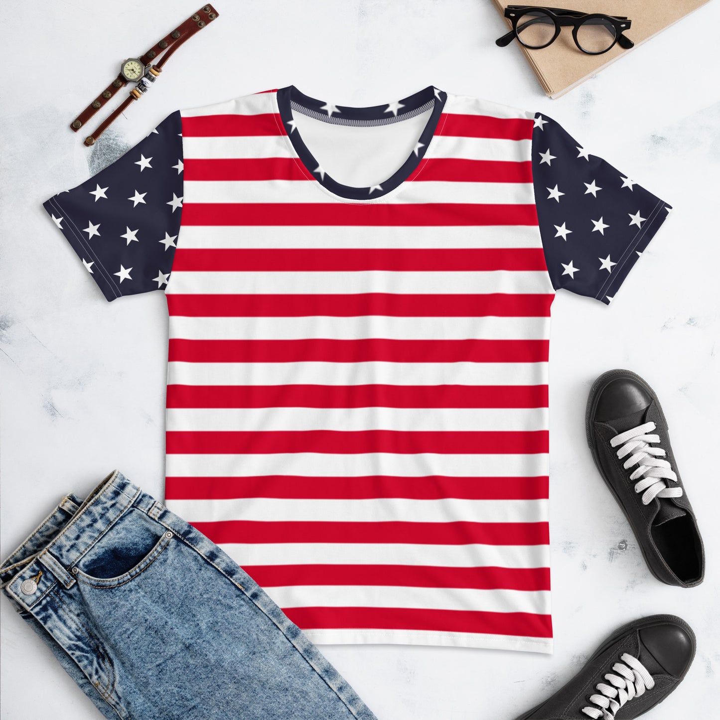 American Flag TShirt Women, Red White Blue Stars Stripes USA 4th of July Fourth Patriotic Shirt Designer Graphic Fitted Crewneck Tee Starcove Fashion