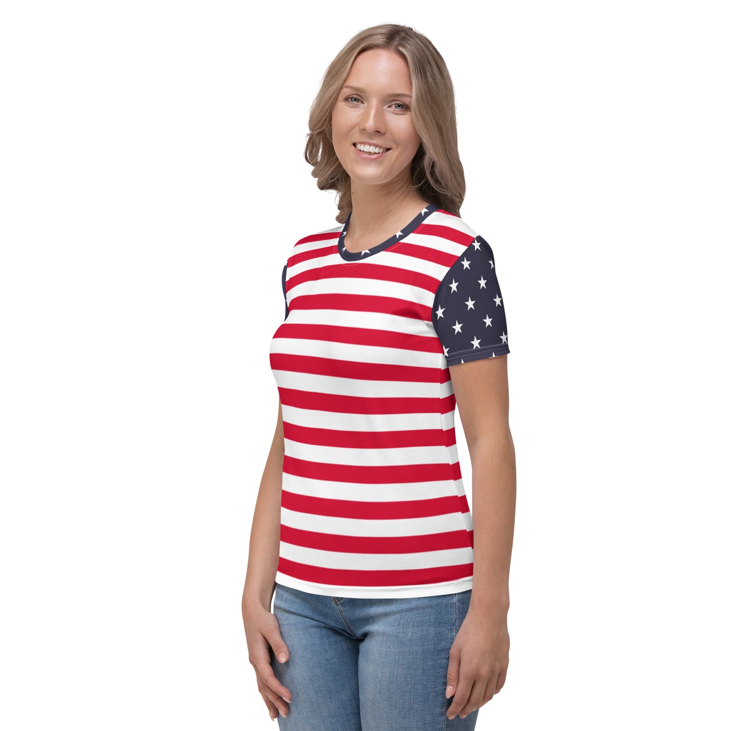 American Flag TShirt Women, Red White Blue Stars Stripes USA 4th of July Fourth Patriotic Shirt Designer Graphic Fitted Crewneck Tee Starcove Fashion