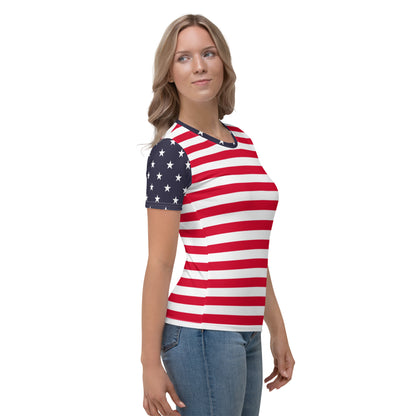 American Flag TShirt Women, Red White Blue Stars Stripes USA 4th of July Fourth Patriotic Shirt Designer Graphic Fitted Crewneck Tee Starcove Fashion