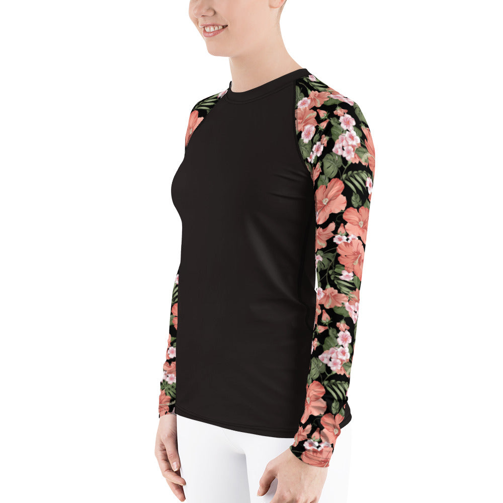 Flower Sleeve Women's Rash Guard, Pink Floral Black Print Surf Long Sleeve Swim Shirt Swimwear Sun Beach Designer Wet Suit Protection 40 UPF Starcove Fashion