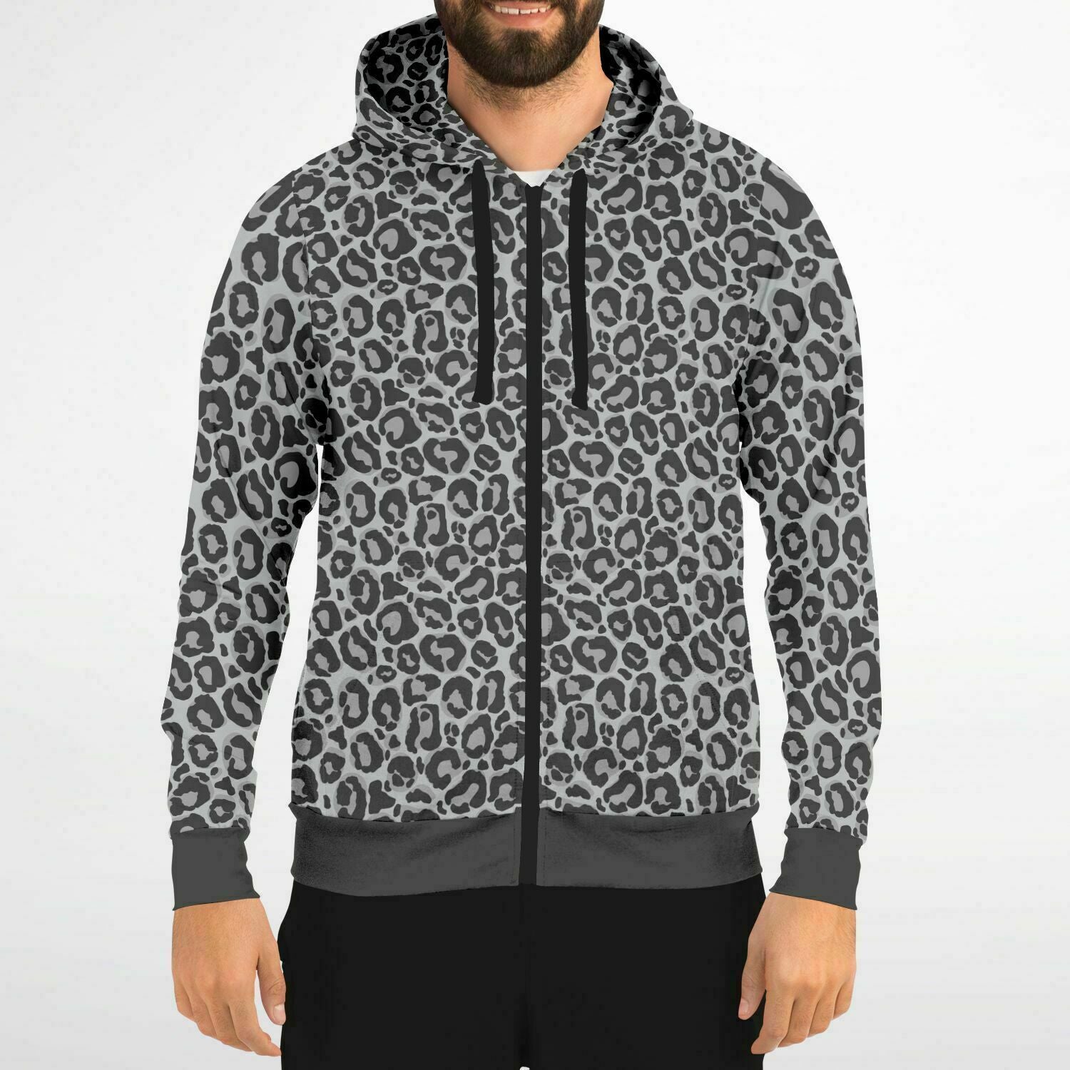 Grey Leopard Zip Up Hoodie Animal Print Front Zipper Pocket Men Women Unisex Adult Aesthetic Cotton Fleece Hooded Sweatshirt