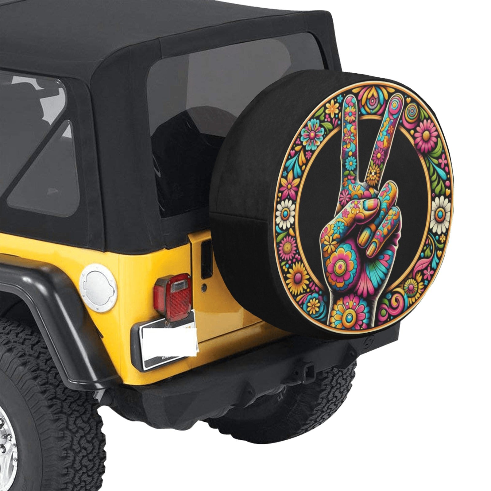 Hippie Peace Sign with Flowers Spare Tire Cover for any Vehicle, Make, store Model and Size