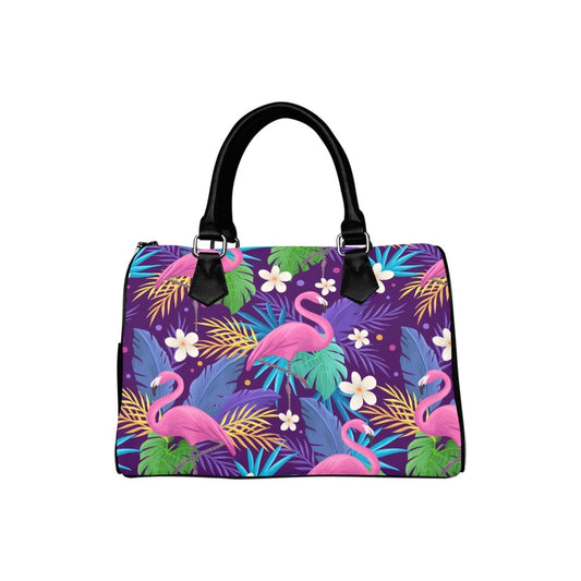 Pink Flamingo Top Handle Handbag, Tropical Purple Art Print Purse Canvas and Leather Barrel Type Boho Designer Accessory Ladies Bag