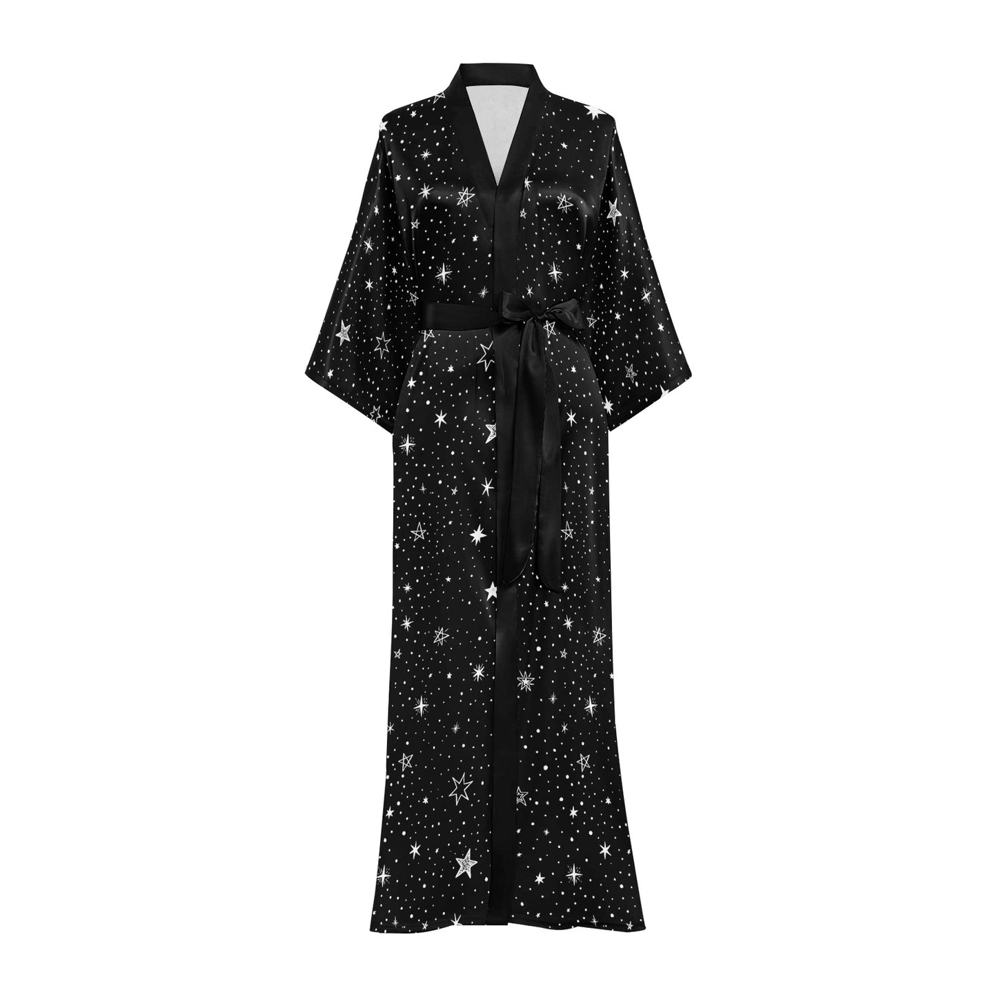 Stars Kimono Robe Long Sleeves Women, Space Black White Print Peignoir Japanese Ladies Long Maxi Sexy Lounge Sleep Pajama Bathrobe