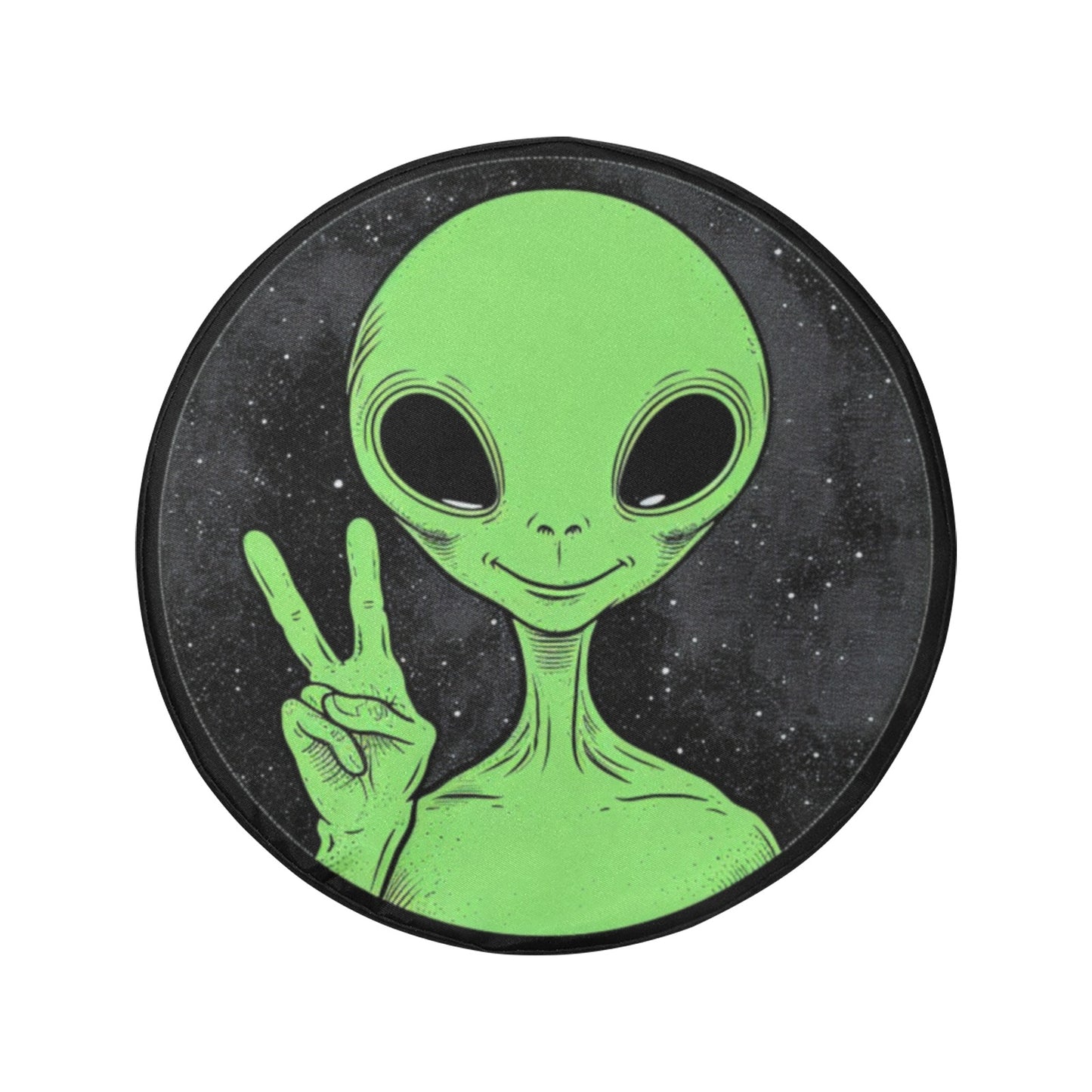 Alien Peace Sign Spare Tire Cover, Space Green Backup Camera Hole Rear Wheel Accessories Custom Unique Design Trailer Camper RV Back