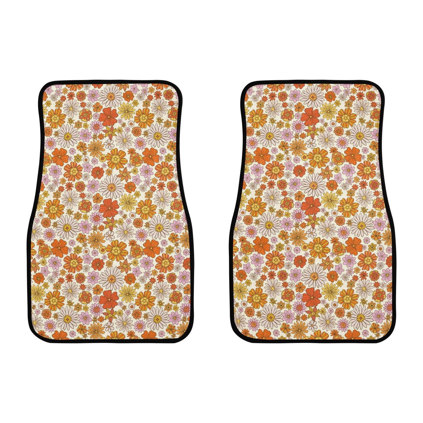 Groovy Flowers Car Front Floor Mats Set (2), Cute Floral Print Aesthetic Auto Vehicle Suv Truck Accessories Women Rubber All Weather Mat