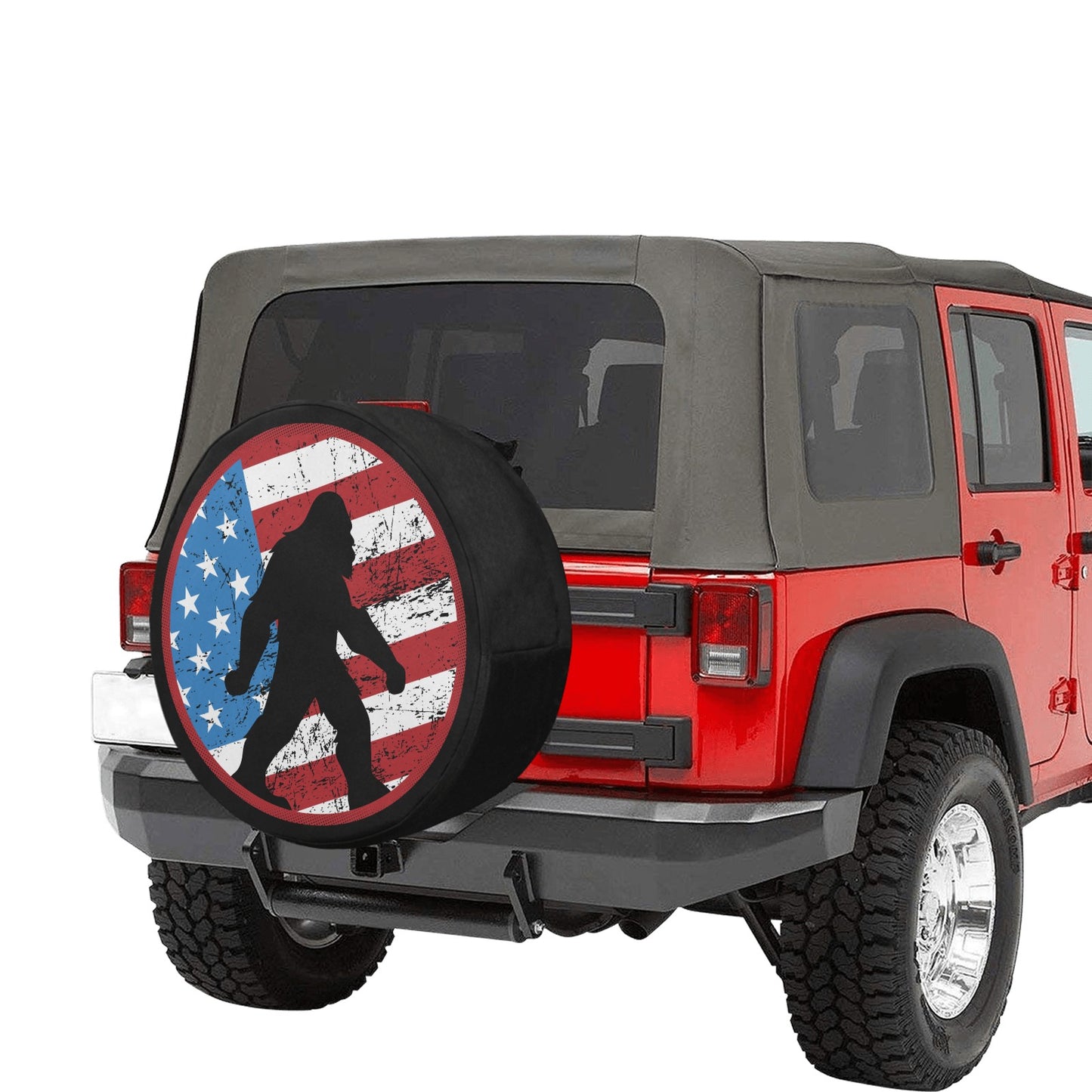 Sasquatch American Flag Spare Tire Cover, Bigfoot USA Patriotic Backup Camera Hole Wheel Unique RV Back Cars RV Men Women Trailer Campers